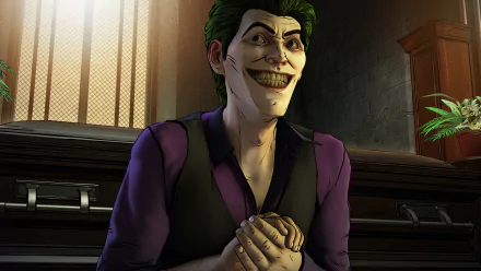 HD PC desktop wallpaper featuring the Joker from Batman - The Telltale Series, showcasing his iconic grin and vibrant purple attire in a dimly lit room.