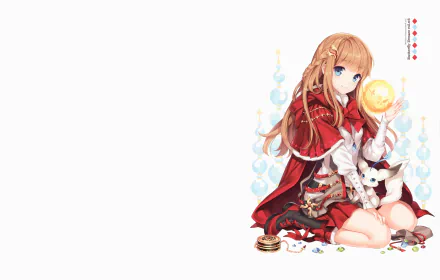 Anime-style blonde girl with long braided hair and blue eyes, wearing a red cloak with a bow and jewelry, smiling with a gentle blush, holding a glowing orb.