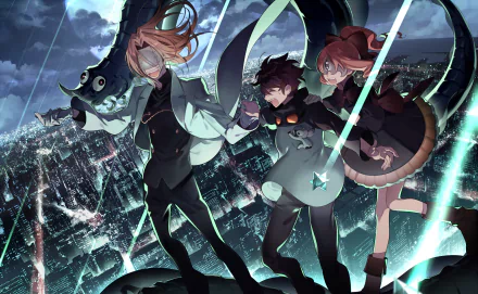 Anime characters Femt, Aligura, and Leonardo Watch from Blood Blockade Battlefront stand heroically against a cityscape backdrop. This HD wallpaper captures their dynamic energy and formidable presence.