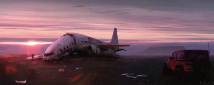 HD PC desktop wallpaper background: crashed airplane wreck on a dark shore beneath a cloud-filled sunset sky, a red vehicle visible nearby.