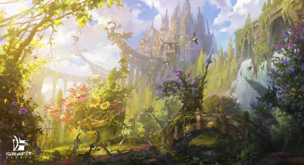Fantasy HD PC desktop wallpaper featuring a vibrant castle amidst blooming flowers, with a sword planted in the foreground under a bright, magical sky.