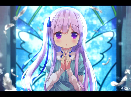 HD wallpaper featuring an anime character from Tenshi no 3P! with long purple hair and violet eyes, standing in front of a stained glass window with angelic wings, surrounded by soft light and feathers.