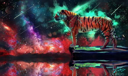 A fantasy-themed 4K Ultra HD desktop wallpaper featuring a glowing tiger standing on a rocky ledge against a vibrant cosmic background.