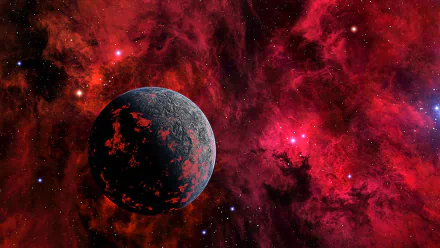 Red sci-fi HD PC desktop wallpaper/background showing a dark rocky planet with glowing red lava patches set against a vivid red nebula and scattered stars.