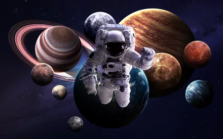 HD desktop wallpaper featuring an astronaut floating in space with planets including Earth, Neptune, Saturn, Jupiter, and Mars in the background, creating a stunning sci-fi scene.