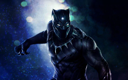 HD wallpaper featuring Black Panther from Marvel Comics, wearing a bodysuit with white eyes and a claw necklace, against a dynamic, glowing background.