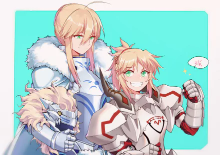HD anime desktop wallpaper featuring Artoria Pendragon and Saber of Red (Mordred) from Fate/Apocrypha, in detailed armor, against a light blue background.