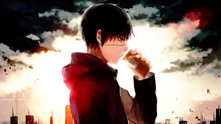 HD wallpaper featuring Ken Kaneki from the anime Tokyo Ghoul, drinking with a city skyline and dramatic sky in the background.