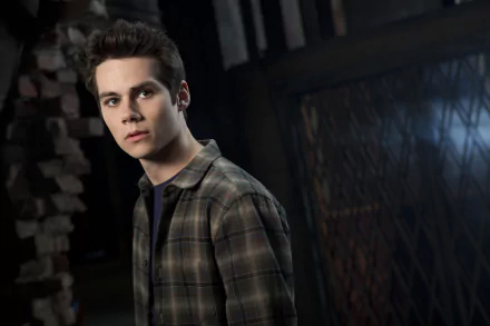 HD desktop wallpaper featuring a portrait of Dylan O'Brien in a plaid shirt against a dark, blurred background.