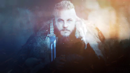HD PC desktop wallpaper featuring Ragnar Lothbrok from the TV show Vikings (2013), with dramatic lighting and atmospheric smoke effects.