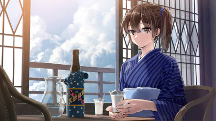 Kaga (Kancolle) anime portrait on an HD PC desktop wallpaper: Kaga in a blue yukata holding a cup on a balcony with sake bottle and cloudy sky — Kantai Collection background.