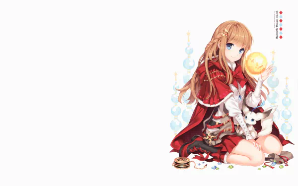 Anime-style blonde girl with long braided hair and blue eyes, wearing a red cloak with a bow and jewelry, smiling with a gentle blush, holding a glowing orb.
