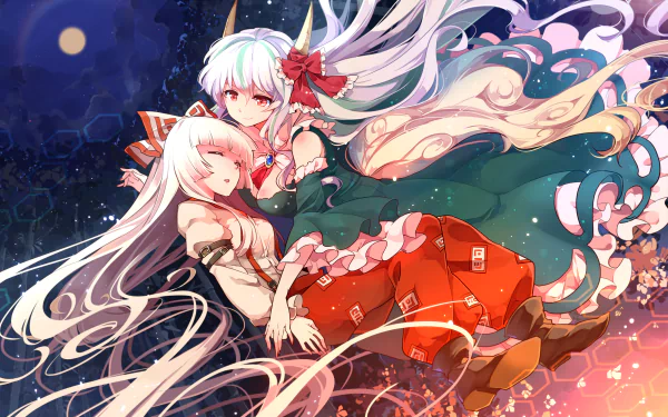 HD anime desktop wallpaper featuring Fujiwara no Mokou from Touhou, showcasing her with flowing white hair and vibrant red and green attire against a dynamic, colorful background.