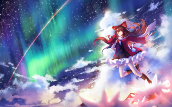 Reimu Hakurei from Touhou floats gracefully under vibrant northern lights in this stunning 4K Ultra HD anime desktop wallpaper.