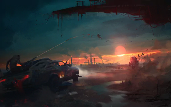 HD desktop wallpaper featuring a post-apocalyptic scene with a rugged vehicle driving towards a dramatic sunset. The image, evocative of Mad Max, captures a Sci-Fi, dystopian landscape.