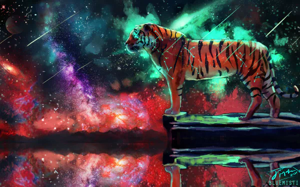 A fantasy-themed 4K Ultra HD desktop wallpaper featuring a glowing tiger standing on a rocky ledge against a vibrant cosmic background.