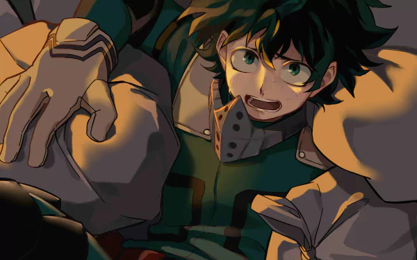 HD desktop wallpaper of Izuku Midoriya from the anime My Hero Academia, showcasing an intense and dynamic scene with Midoriya in his hero costume.