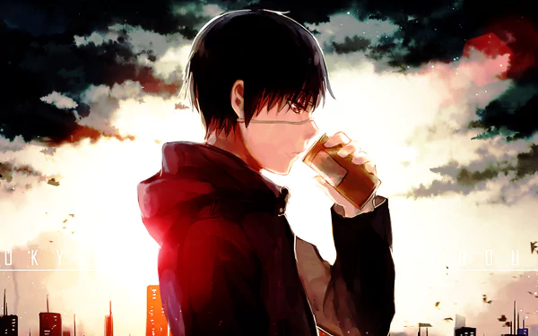 HD wallpaper featuring Ken Kaneki from the anime Tokyo Ghoul, drinking with a city skyline and dramatic sky in the background.