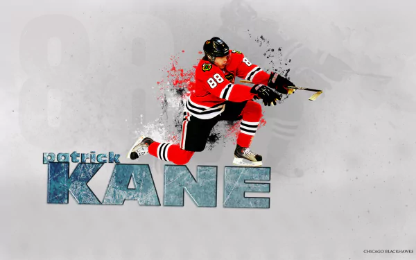 HD desktop wallpaper featuring an action shot of a hockey player with the text Patrick Kane as a stylized background element.