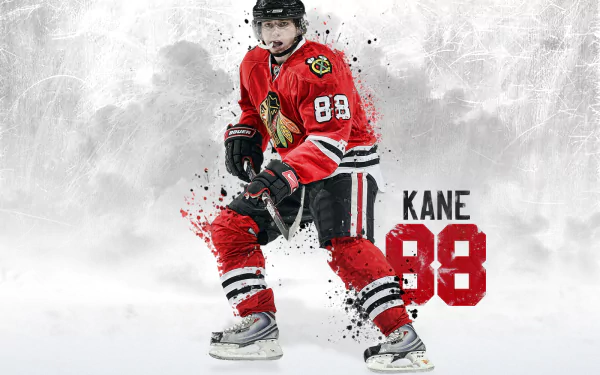 HD desktop wallpaper featuring Patrick Kane in his hockey gear with dynamic action elements and his name and number '88'.