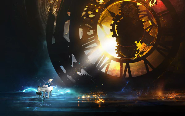 A child plays a grand piano beneath a giant clockwork sunbeam, blending fantasy and music in a vivid HD desktop wallpaper scene.