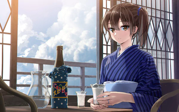 Kaga (Kancolle) anime portrait on an HD PC desktop wallpaper: Kaga in a blue yukata holding a cup on a balcony with sake bottle and cloudy sky — Kantai Collection background.