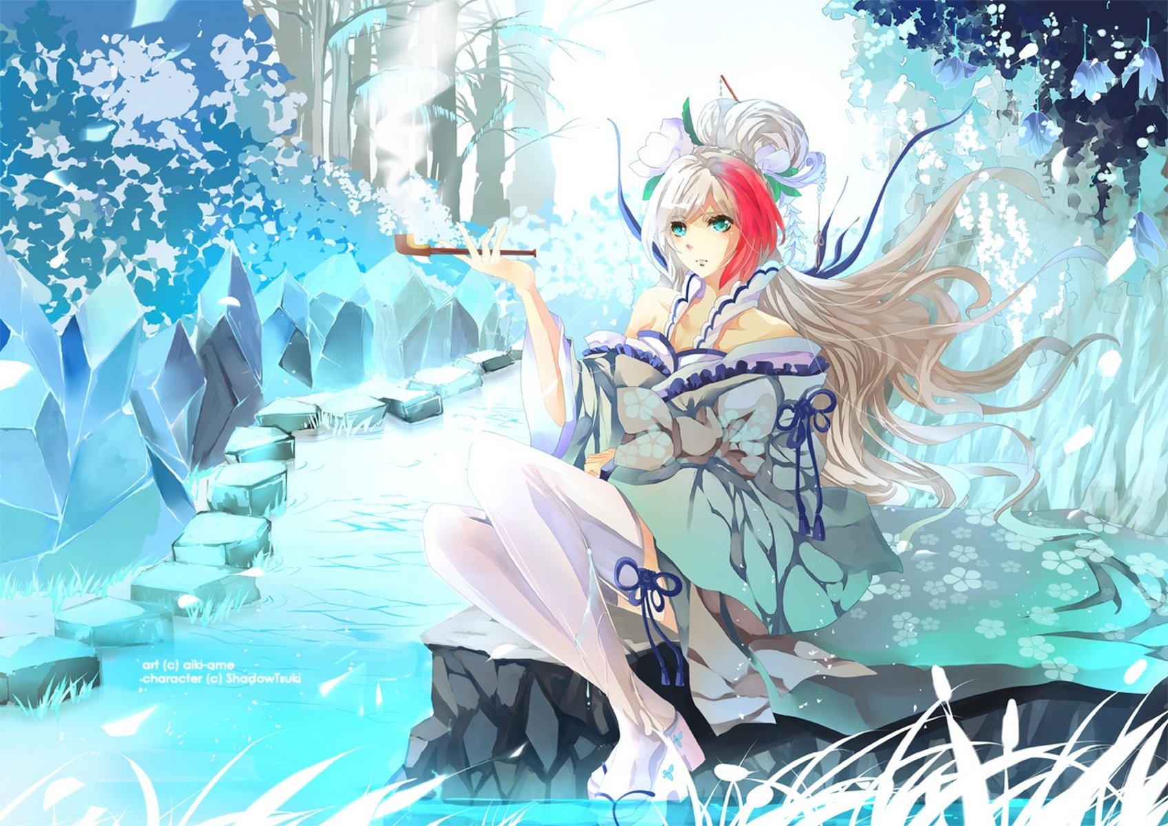 An anime character with long hair, blue eyes, and Japanese clothing is sitting by a shimmering forest stream, smoking. She is adorned in thigh-high stockings. The scene is vibrant and detailed. HD wallpaper.