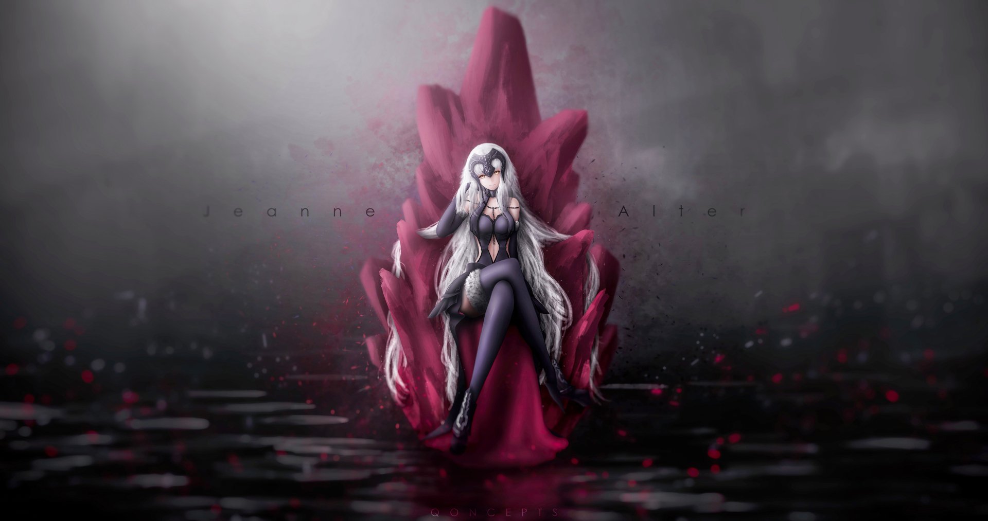 HD desktop wallpaper featuring Jeanne d'Arc Alter from Fate/Grand Order, depicted sitting on a crimson throne with a dark, misty background.