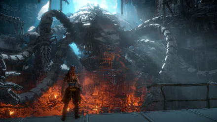HD desktop wallpaper featuring Aloy from Horizon Zero Dawn, standing before a colossal mechanical structure amid a fiery, dilapidated environment.