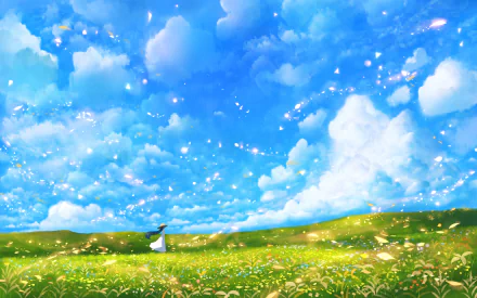 HD desktop wallpaper of an anime scene featuring a woman in a dress and hat with long hair, standing in a scenic meadow under a vibrant sky filled with clouds and petals.