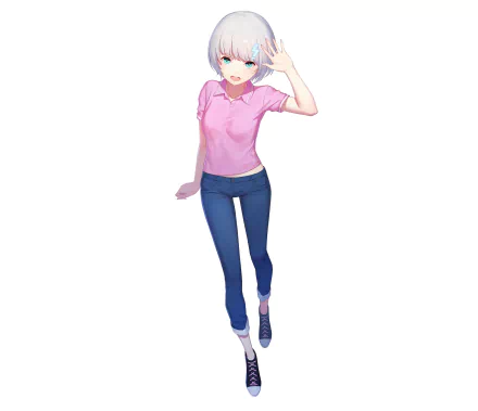 Anime original 2K Quad HD PC desktop wallpaper: full-body anime girl with short white hair and teal eyes wearing a pink polo and blue jeans, standing against a white background.