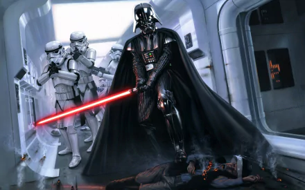 HD Star Wars desktop wallpaper featuring Darth Vader wielding a red lightsaber with two stormtroopers standing guard in a sci-fi corridor.
