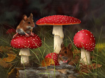 Artistic painting of two mice amidst vibrant, red mushrooms in a fall setting. This HD desktop wallpaper captures the beauty of nature with intricate details and vivid colors.