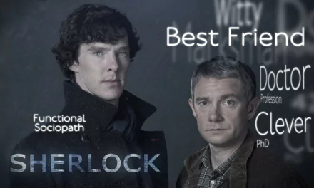 HD desktop wallpaper featuring Benedict Cumberbatch as Sherlock Holmes and Martin Freeman as Dr. John H. Watson from the Sherlock TV series, with keywords highlighting their traits.