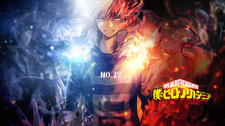 HD desktop wallpaper featuring Shoto Todoroki from the anime My Hero Academia, showcasing his dual ice and fire abilities with vibrant colors and dynamic effects.