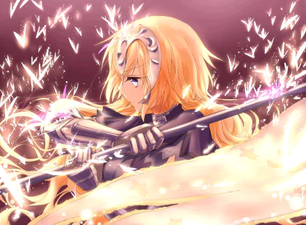 HD PC desktop wallpaper featuring Jeanne d'Arc from Fate/Grand Order and Fate/Apocrypha, depicted as the Ruler class in dynamic anime style with glowing effects.