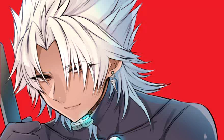 HD PC wallpaper of Shirou Kotomine from Fate/Apocrypha — close-up anime portrait with spiky white hair, dark outfit, subtle smile and glowing collar set against a bold red background.