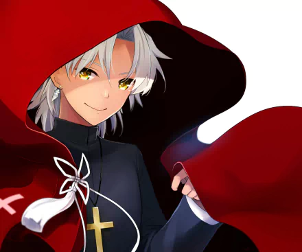 Shirou Kotomine (Fate/Apocrypha) portrait — silver-haired, golden-eyed, smirking beneath a red hooded cloak; HD anime PC desktop wallpaper.