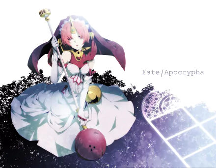 HD wallpaper featuring Berserker of Black from the anime Fate/Apocrypha. The character is depicted in an intricate outfit, holding a staff, with a striking background and the text Fate/Apocrypha.