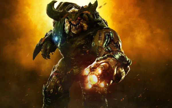4K Ultra HD PC desktop wallpaper of the video game Doom (2016): a hulking armored demon with a glowing arm cannon charging through a fiery hellscape.
