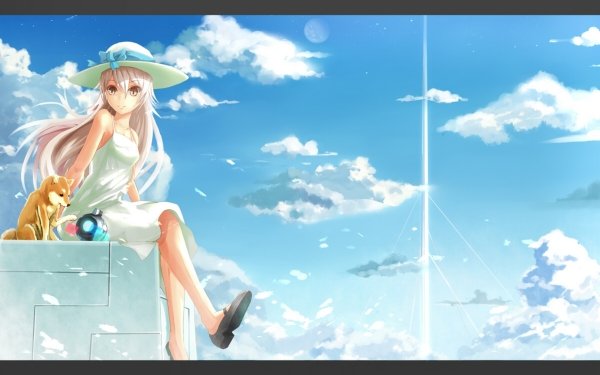 Anime Original Cloud Dog Hat Long Hair Pink Hair Sky Dress Yellow Eyes bow HD Wallpaper | Background Image