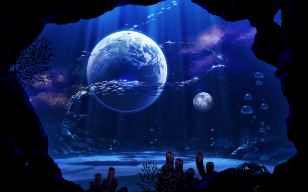 Anime Underwater Bubble Fish Moon Planet Stars HD Wallpaper | Background Image