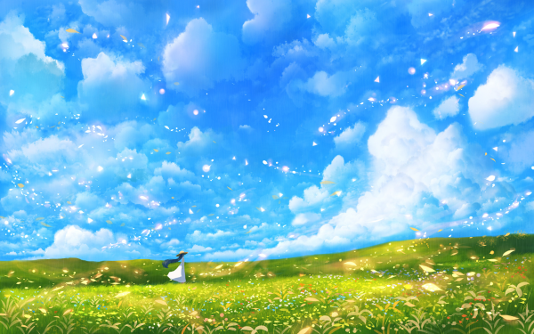 Anime Original Cloud Dress Hat Long Hair Meadow Petal Scenic Sky HD Wallpaper | Background Image