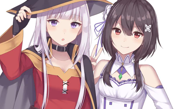 A vibrant HD desktop wallpaper featuring Megumin from KonoSuba and Emilia from Re:Zero. The crossover image highlights beautiful anime art with detailed character designs and expressions.