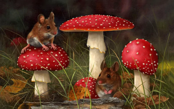 Artistic painting of two mice amidst vibrant, red mushrooms in a fall setting. This HD desktop wallpaper captures the beauty of nature with intricate details and vivid colors.