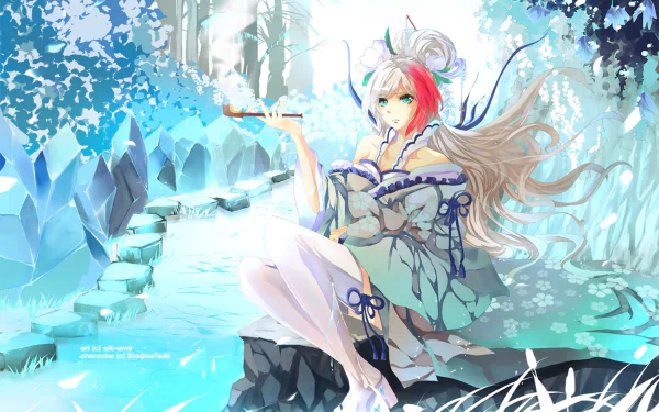 An anime character with long hair, blue eyes, and Japanese clothing is sitting by a shimmering forest stream, smoking. She is adorned in thigh-high stockings. The scene is vibrant and detailed. HD wallpaper.