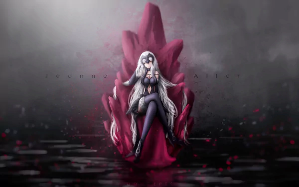 HD desktop wallpaper featuring Jeanne d'Arc Alter from Fate/Grand Order, depicted sitting on a crimson throne with a dark, misty background.