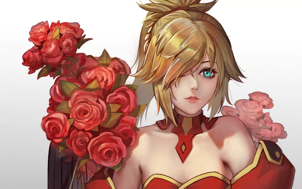 HD desktop wallpaper featuring Saber of Red, Mordred from Fate/Apocrypha, holding a bouquet of red roses. The anime character is depicted with blonde hair and is dressed in a red and gold outfit.