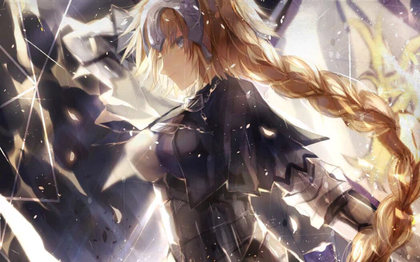 HD PC desktop wallpaper featuring Ruler from Fate/Apocrypha in detailed anime style, showcasing her armor and long braided hair with dynamic lighting effects.