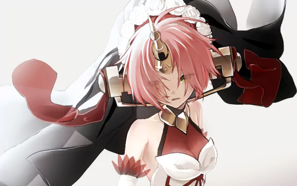 HD PC desktop wallpaper of Berserker of Black (Fate/Apocrypha), anime portrait of pink-haired warrior in white and red outfit with black cloak and gold headpiece